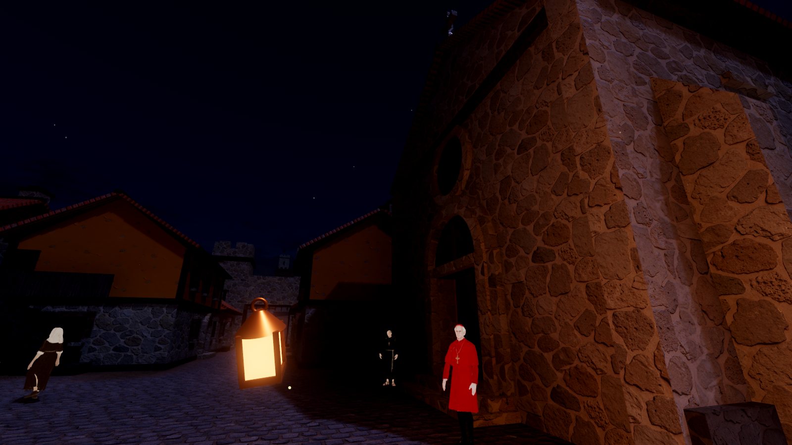 The same church at night on the desktop renderer: the lantern's warm light wraps the stone wall and spills onto the street.