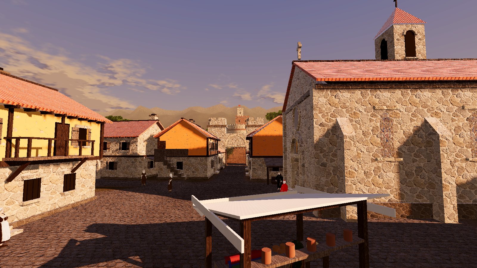 A Pro game's town square at sunset in the browser preview, with flat lighting