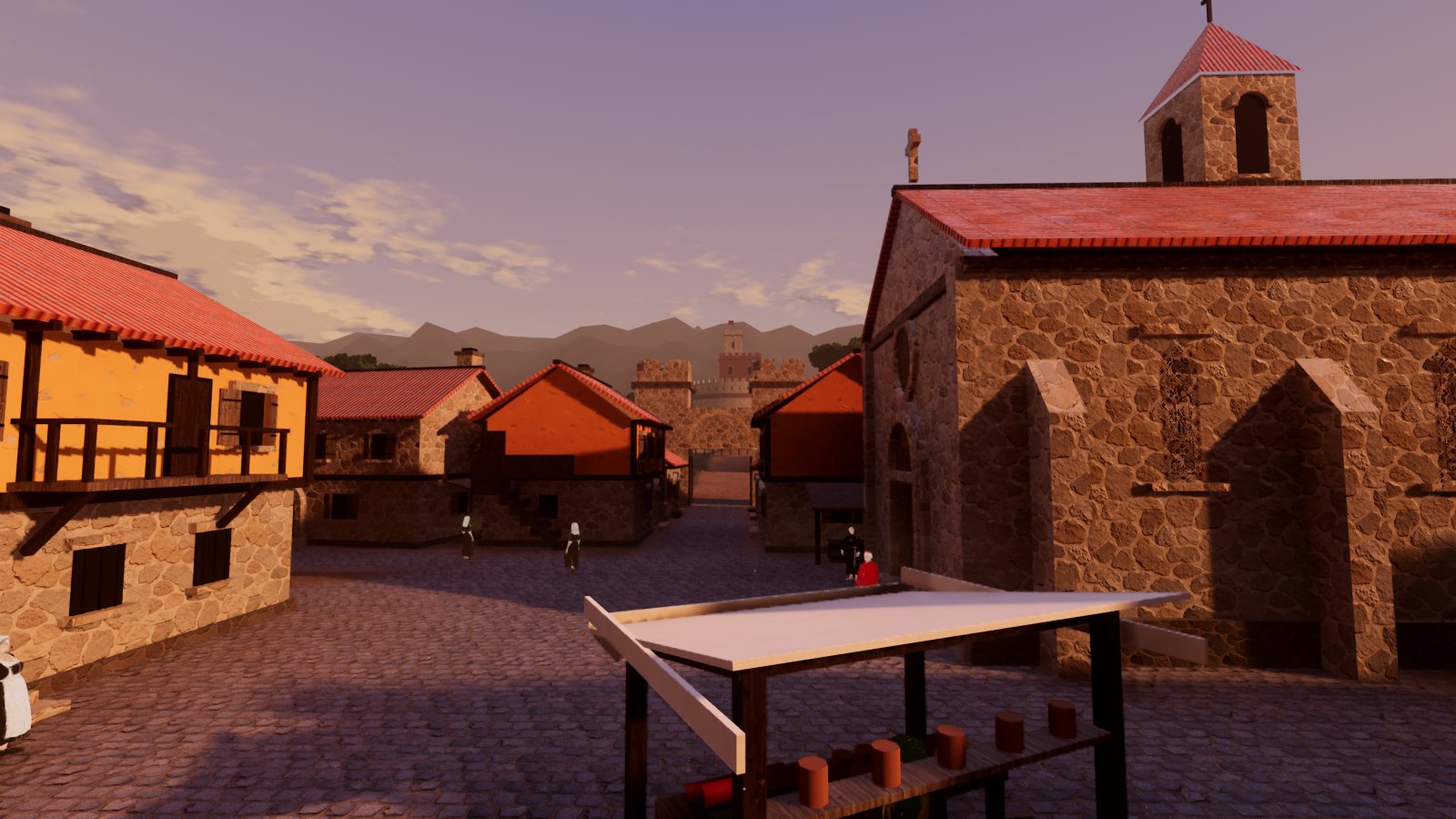 The same square in the desktop build, with sunlight bouncing off the stone and haze in the air