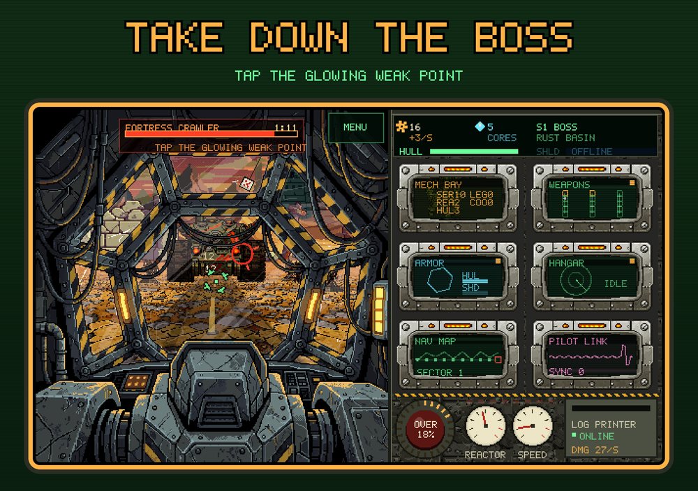 iPhone Duo inner display screenshot, landscape: Take down the boss, with the cockpit view and the console side by side