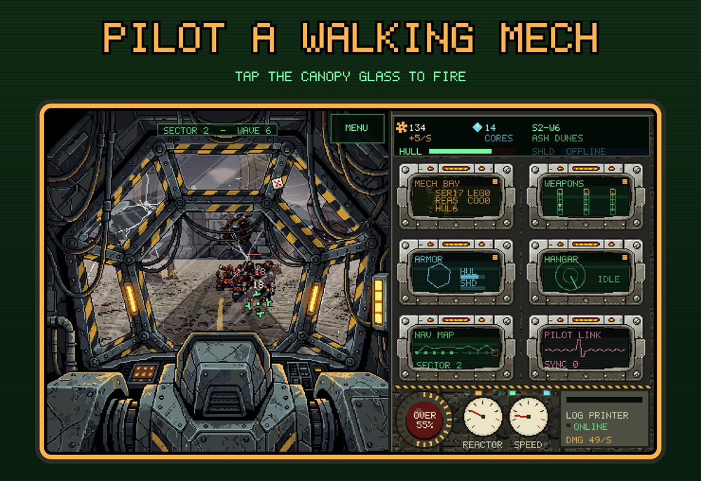 iPhone Duo outer display screenshot, landscape: Pilot a walking mech, with walkers closing in on the cracking canopy glass