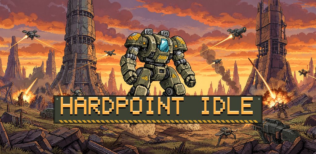 A 1024 by 500 Google Play feature graphic: the walking mech and the Hardpoint Idle title plate in the centre of a burning sky