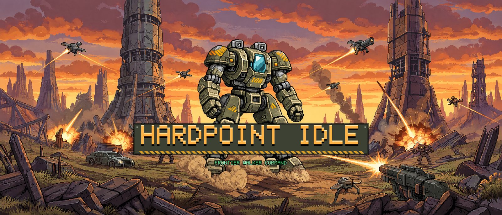 A 21 by 9 App Store header: a pixel-art walking mech in a burning wasteland with the title Hardpoint Idle on a plate in the centre