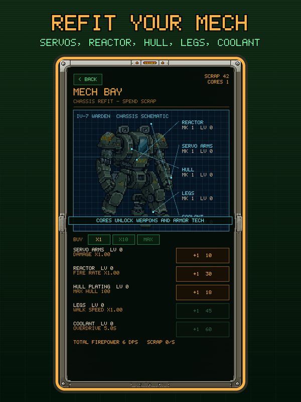 iPad screenshot: Refit your mech, showing the Mech Bay upgrade screen