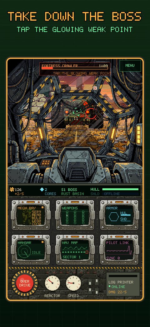 App Store screenshot: Take down the boss, over the cockpit view of a boss with a glowing weak point