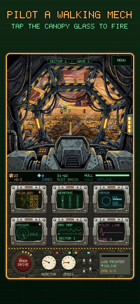 App Store screenshot: Pilot a walking mech, over the cockpit and its console of monitors