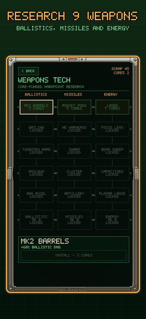 App Store screenshot: Research 9 weapons, showing the weapons tech tree