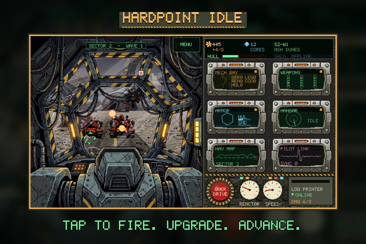 A 3 by 2 App Store search result: the game's landscape cockpit view and monitors in an orange frame, the title above and the line Tap to fire. Upgrade. Advance. below